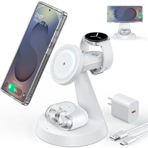 Magnetic Wireless Charger for Samsung, 3 in 1 Charging Station Compatible with MagSafe Charger for Samsung Galaxy S25 Ultra Z Fold7/Flip7, Watch Charger Stand for Galaxy Watch Ultra 8, for buds, White
