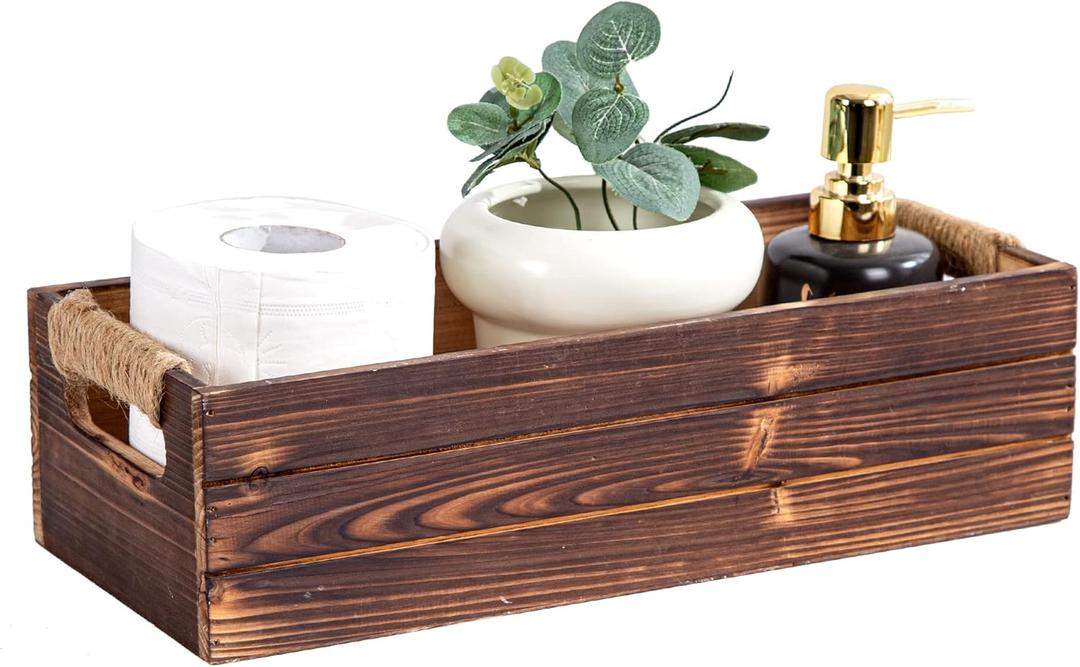 TIMRIS Rustic Wooden Box, Toilet Paper Holder, Farmhouse Bathroom Decor, Toilet Tank Basket, Decorative Storage Container (Rustic Brown)
