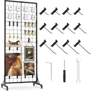 HUHOLE Heavy Duty Gridwall Display Stand with Wheels (2.2' x 5.2'), Portable Retail Wire Rack for Craft Fairs & Garage Storage, Includes 12 Hooks-Black, 26 inches x 1.6 inches x 62.2 inches