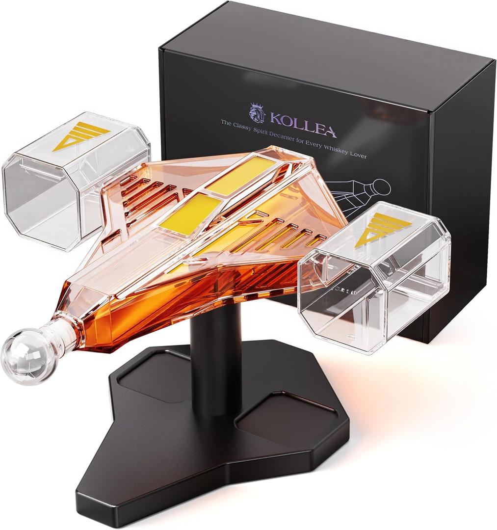 Gifts for Men, Kollea Cool Galaxy Spaceship Whiskey Decanter Set with 2 Shot Glasses- Handmade Limited Edition, Unique Creative Gift Ideas for Dad, Brother, Birthday, Anniversary, Christmas (Gold)