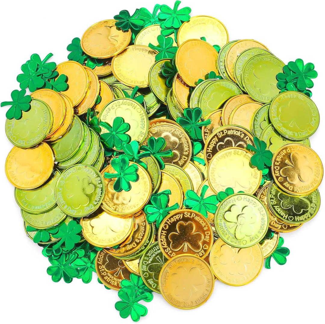100pcs St Patrick's Day Coins,Shamrock Plastic Coins with Confetti for St Patrick's Day Party Table Home Decoration Supply,Gold and Green