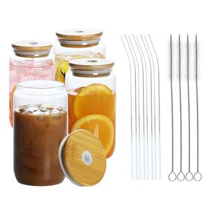 XCENUNTY 5-Piece Glass Cup Set – 16 oz Each – With Lids, Straws, 2 Cleaning Brushes – For Coffee, Tea, Beer, or Gifting