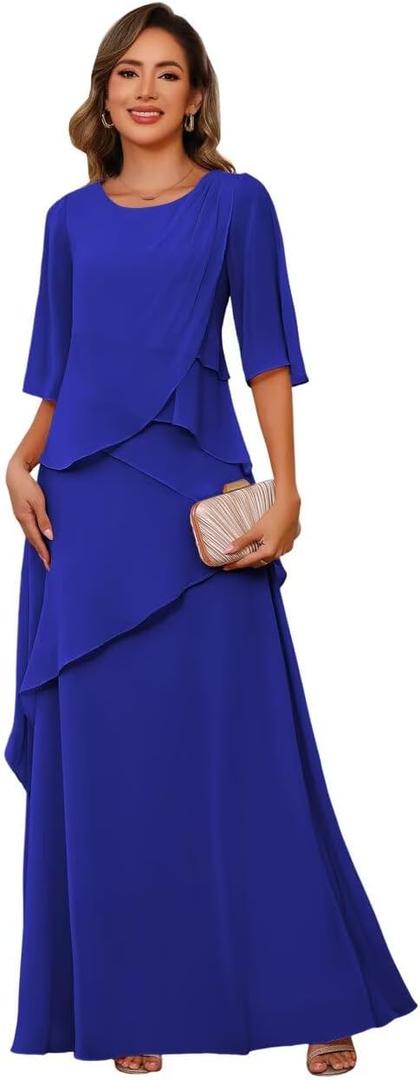 Long Royal Blue Plus Size Crew Neck Chiffon Ruffles Mother of The Bride Dressesfor Women 3/4 Sleeve Formal Evening Dress with Pockets (Size 12)