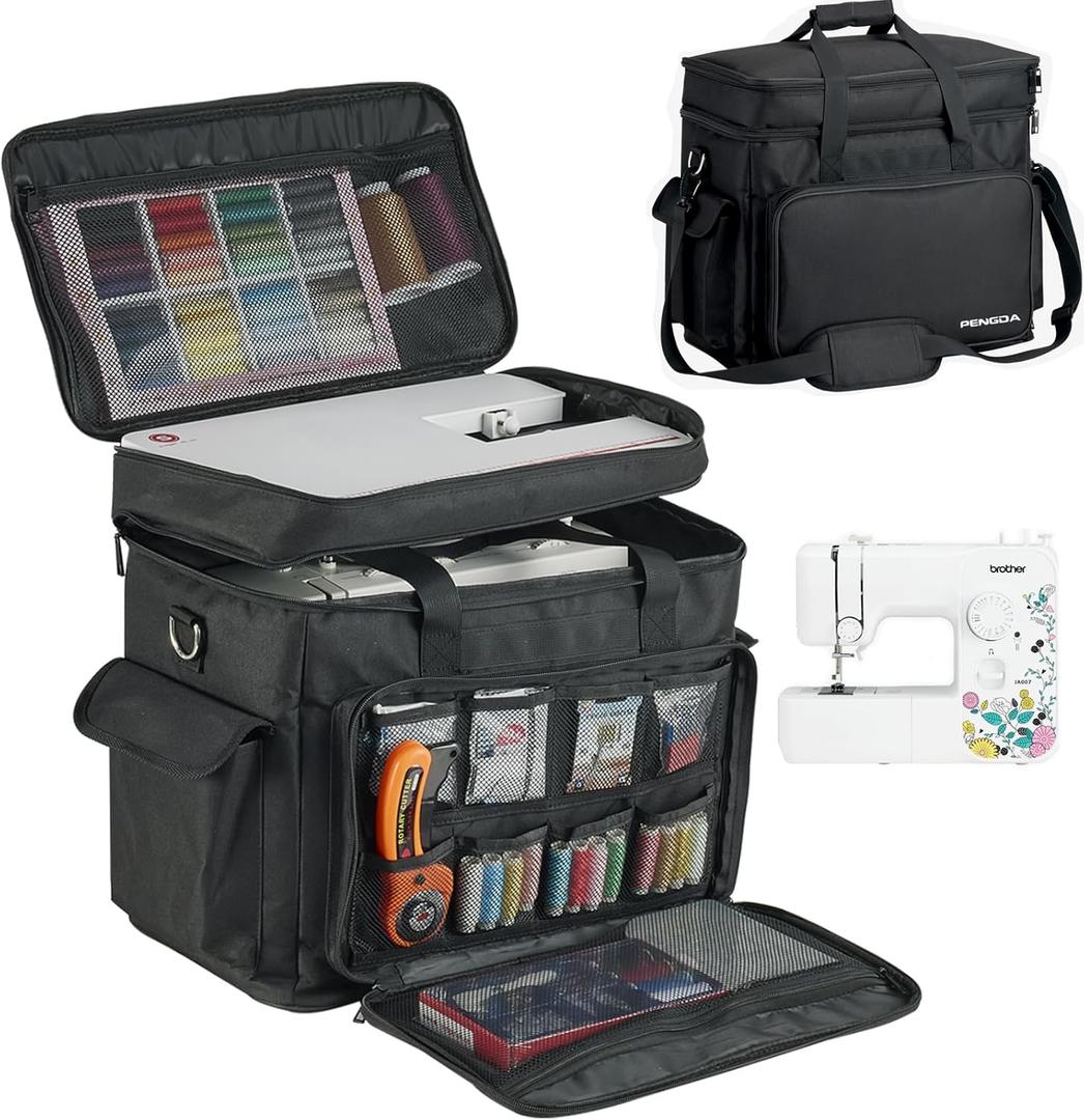 PENGDA 2 Layer Sewing Machine Case with Adjustable Shoulder Strap Sewing Machine Carrying Case Universal Tote Bag for Sewing Machine and Sewing Accessories Storage Black