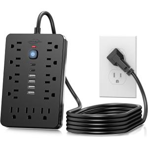 6 FT Flat Plug Surge Protector Power Strip,11 Multiple AC Outlets with 6 USB Ports (2 USB C), 6 Feet Extension Cord, 1250W/10A, One Touch Switch Button, 17 in 1 Compact powerstrip
