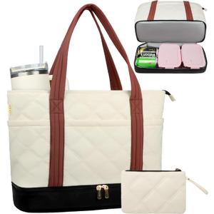 Covkev Lunch Tote Bag for Women with 15.6 Inch Laptop Compartment& Clutch Purse, Lightweight Puffer Laptop Tote Bags with Independent Insulated Lunch Compartment, Briefcase for Office Teacher Nurse