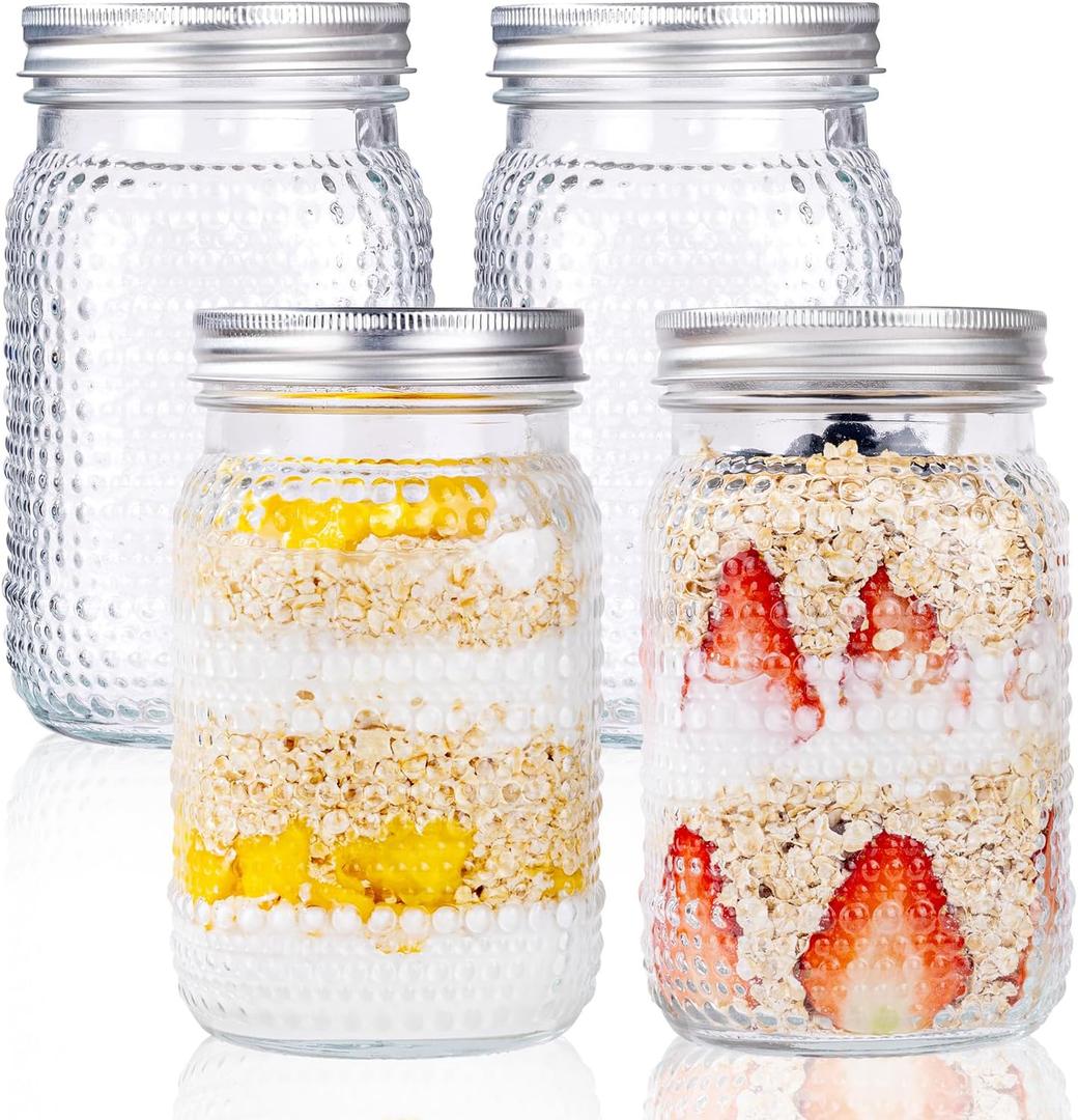 LUODA MirthMood 32 OZ Wide Mouth Mason Jars, 4 PACK Glass Mason Jars with airtight Lids, Quart mason jars wide mouth for Preserving, Meal Prep, Overnight Oats, Sauces,Honey, Jam, Yogurt or Jar Decor