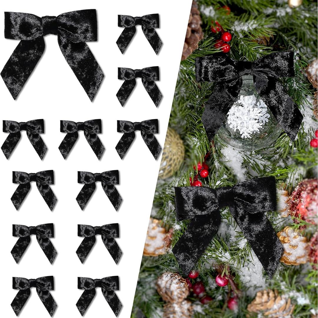 LaRibbons 12 Pack Black Velvet Christmas Bows for Gift Wrapping, 4" x 3.74" Decorative Velvet Gift Bows with Twist Tie for Presents, Tree, Wreath & Holiday Decorations