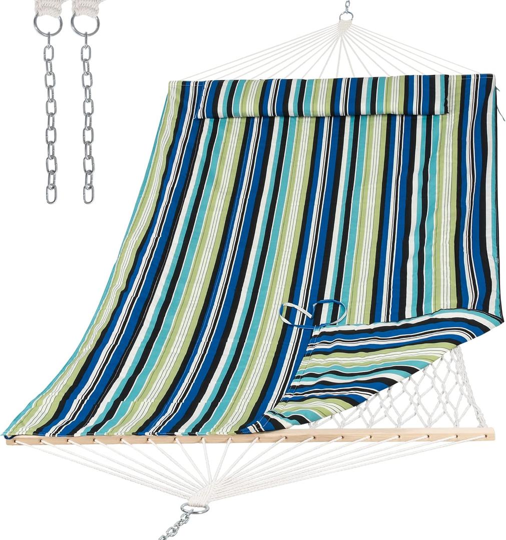 SUNCREAT Hammocks Outdoor Double Hammock with Hardwood Spreader Bar, Cotton Rope Hammock with Polyester Pad, Blue&Green