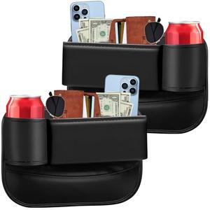 Clysee 2 Pack Car Seat Gap Filler Organizer Car Leather Cup Holder Gap Bag Seat Gap Storage Box Car Organizer Accessories for Phones Glasses Keys Cards(Black Driver and Passenger)
