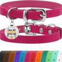 BRONZEDOG Leather Cat Collar with Removable Bells Non Breakaway Kitten QR Tag for Girl Boy (7" - 9" for Cats, Pink & Silver)