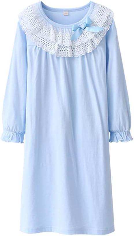 BANGSAUR Girls Cotton Dress, Lace Dress Girl Sleeping Gown 3-15 Years (6-7 Years, Skyway,long Sleeve)