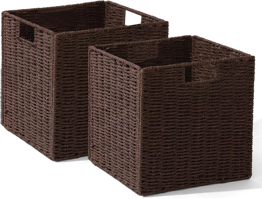 12x12x12 Inch Wicker Storage Basket, Set of 2 Hand-Woven Paper Rope Wicker Baskets, Foldable Cube Storage Bins, Brown Storage baskets Cubes, Square Baskets for Organizing Shelves Decor