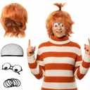 4pcs Halloween Costume Accessories 2025 Set Orange Crazy Wig Googly Eye Glasses, Black Hairbands & Ponytail for Women Man Adults Cosplay Character Funny Dress up Cosplay Party
