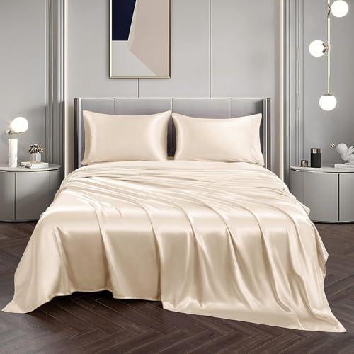 Omnegon Ivory Silk Sheet Set, Breathable Super Soft 100% Luxury Breathable Cooling Fade Resisitance 4PC Sheet Set, Super Silky 15" Deep Pocket Bed Sheet Queen Size
