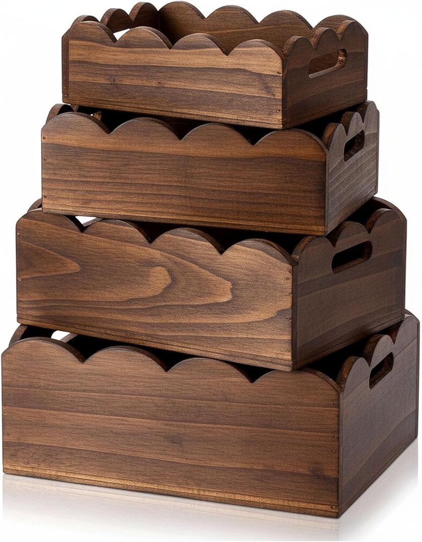 4 Pcs Scalloped Baskets with Handle 4 Size Wooden Countertop Storage Box Multipurpose Fruit Vegetable Crate Rectangular Decorative Serving Tray Organizer for Kitchen Bathroom Home Decor(Brown)
