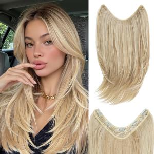 Clip in V-Shape Hair Extensions for Women 18 Inch One Piece Synthetic Straight Hair Extension Full Head Hairpiece with 5 Clips Sunny Blonde