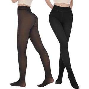iceROSE 2 Pairs Fleece Lined Thermal Tights for Women  Sheer Black Pantyhose Warm Winter Thick Fake Translucent Leggings (Small-Medium)
