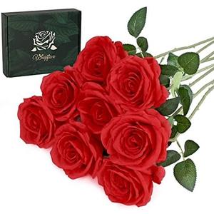 Waipfaru 8 Pcs Fake Red Roses Artificial Flowers Bulk, Real Touch Silk Faux Roses with Long Stems for Wedding Bouquet Vase Flower Arrangement (Red)