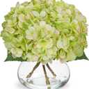 Hollyone Hydrangea Artificial Flowers with Glass Vase BlueGreen Silk Faux Flowers Arrangements in Vase with Faux Water Fake Floral Bulk Bouquet for Home Decor Table Centerpiece Decorations