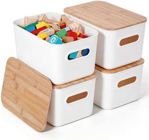 Citylife Storage Bins with Bamboo Lids 7QT Plastic Storage Containers Stackable Organizer Boxes with Handle for Desk Snacks, Toys, 4 PCS, 10" L x 7" W x 5.8" H
