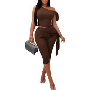 Two Piece Sets for Women Sleeveless Off the Shoulder Tops High Waist Bodycon Capri Pants Summer Outfits Clubwear S