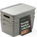 BINO | Plastic Storage Baskets with Lids, 15.5 Liter - 3 Pack, Natural Grey | THE WOVEN COLLECTION | Storage Basket for Shelves | Woven Storage Baskets for Organizing Bins | Pantry Shelf Organizer Bin