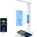 LED Desk Lamp with Wireless Charger, USB Charging Port, Office Table Lamp with Clock, Alarm, Date, Temperature for Home Office, White