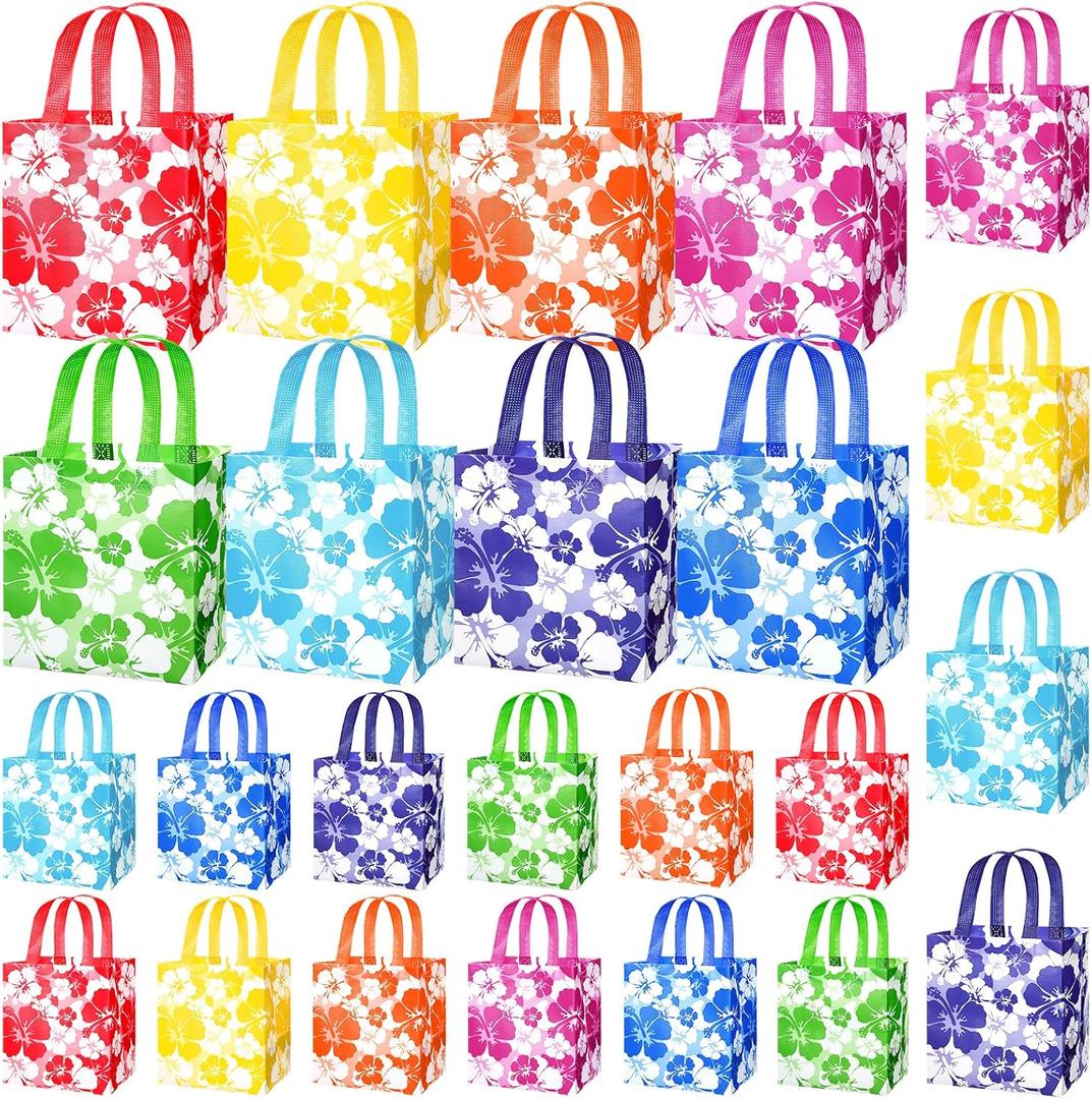Teling 24 Pcs Large Hawaiian Party Favor Tote Bags 15lb Non Woven Hibiscus Goodie Gift Bag with Handles Luau Tropical Aloha Tiki Summer Birthday Party Supplies