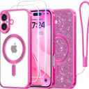 Meifigno Candy Frosted Case for iPhone 16 Plus 6.7", [2X Screen Protectors] [Glitter Card & Wrist Strap] [MagSafe Compatible] Full Camera Protection for iPhone 16 Plus Case, Hot Pink