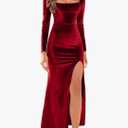 LAGSHIAN Women's Velvet Long Sleeve Bodycon Maxi Dress Square Neck High Waist Slit Party Long Dresses S