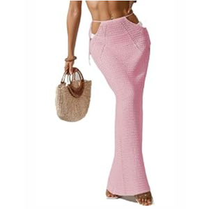 BreathSunny Womens Crochet Knit Slim Fit Swimsuit Dressy Casual Coverup Sarong Summer 2025 Elastic Waist Tie Hollow Out Sheer Swimwear Beach Swim Bathing Suit Cover Up Maxi Skirt Pink L
