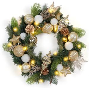 24 Inch Lighted Christmas Wreath with Golden Christmas Balls Ornaments, Pre-lit Xmas Wreath Battery Operated with 20 LEDs Lights, for Front Door Gate Wall Christmas Party Decorations
