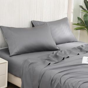 DOWNCOOL Queen Sheet Set - 100% Cotton Sheets Queen Size Set, 400 Thread Count Sateen, Deep Pocket Queen Sheets Up to 16", 4-Pc Breathable Cooling Hotel Luxury Bedding Sheets & Pillowcases, Grey
