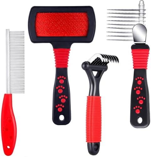 4 Pieces Pet Grooming Kit - Dematting Combs, Slicker Brush, and Steel Comb for Removing Knots and Hair from Dogs, Cats, and Poodles
