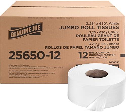 Genuine Joe Jumbo Roll Bath Tissue - 2-Ply White Toilet Paper, 3.3" x 650' per Roll, 12 Count Bulk Pack, Recycled Fiber, Commercial Grade for Dispensers