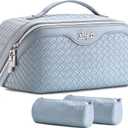 BOYATU Travel Makeup Bag Cosmetic Bags for Women: Large Capacity 3 Pcs Set Make up Bag with Compartments - Waterproof Vegan Leather Toiletry Organizer Bags with Handle (Light Blue)