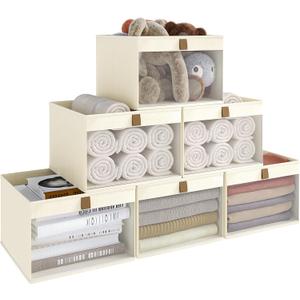Linen Closet Organizers and Storage, Closet Storage Bins Basket Organizer, Foldable Organization Baskets with Mesh Window for Clothes Towels and Toys, 12.75" x 12.75" x 9", Beige, 6 pack