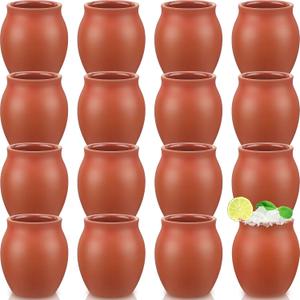 Nuogo 16 Pack Cantaritos de Barro Mexicanos Jarritos Clay Cocktail Cup 3oz | Terracotta Shooters for Margaritas, Mojitos, Tequila Shots, Taco Tuesday Parties, Authentic Cantarito Cocktail Glasses