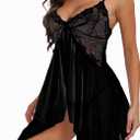 DIKFA Lingerie for Women Lace Babydoll Sleepwear V Neck Open Front Chemises Sexy Spaghetti Strap Nightgown, Black, Small