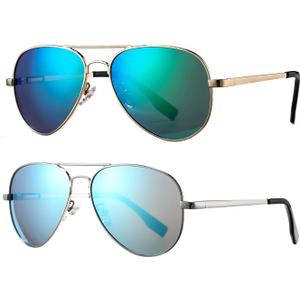 HJSTES Polarized Aviator Sunglasses for Women Men Classic Metal Shades Mirror Lens 100% UV Blocking, 58mm (2 Pack(silve/Blue Mirror, Gold/Green Mirror))
