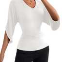 ZAFUL Womens V Neck Tops 3/4 Batwing Sleeve Shirts for Women Summer Dressy Casual Top Flowy Loose Fit Business Work Blouses White M (White, M)