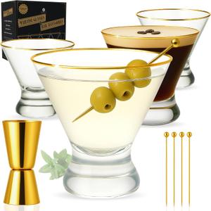 VEMACITY Stemless Martini Glasses Set of 4 | Hand-Applied Gold Rim | Includes Gold Jigger & Picks | Crystal Cocktail Glasses & Bar Tools