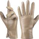 Genuine Sheepskin Leather Gloves for Women, Winter Warm Touchscreen Texting Cashmere Lined Driving Dress Gloves (Medium, Beige)
