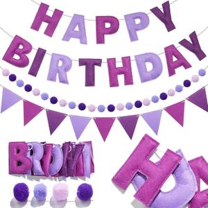 Pre-Strung Happy Birthday Banner Felt Ball Happy Birthday Garland Purple Birthdays Decorations Bunting String Triangle Flags Purple Pennant Banners Photo Booth Party Supplies for Women