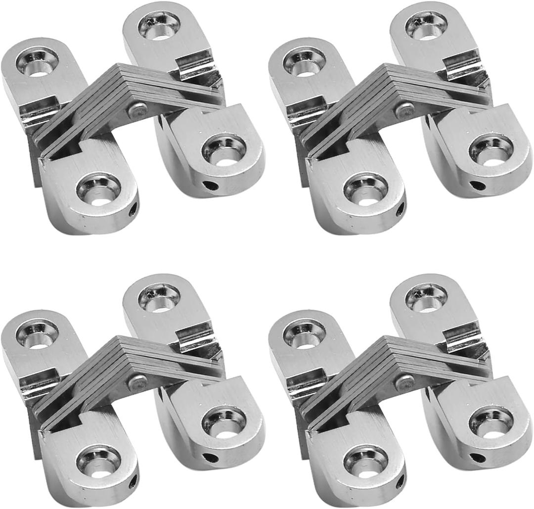 Rierdge 1-3/ 4" Hidden Hinge Stainless Steel 180 Degree Invisible Cross Hinges for Kitchen Cabinet Door Frameless Concealed Hinge with Screws, 4pcs