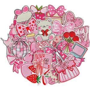 Iron on Patches for Girls, Cute Preppy Girly Iron on Patches, Strawberry Bow Heart Rose Embroidery Patches for Clothes, Backpacks, Socks, Jeans, Hats, and DIY Crafts (25 Pcs Pink)