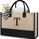 Initial Jute/Canvas Tote Bag, Personalized Present Bag, Suitable for Wedding, Birthday, Beach, Holiday, is a Great Gift for Women, Mom, Teachers, Friends, Bridesmaids (Letter T) 16x13 inch