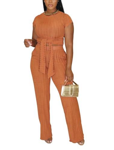 HBQ Women's Summer 2 Piece Outfits Lounge Sets Short Sleeve Belted Crop Tops Wide Leg Pant Sets Casual Tracksuit Size, M