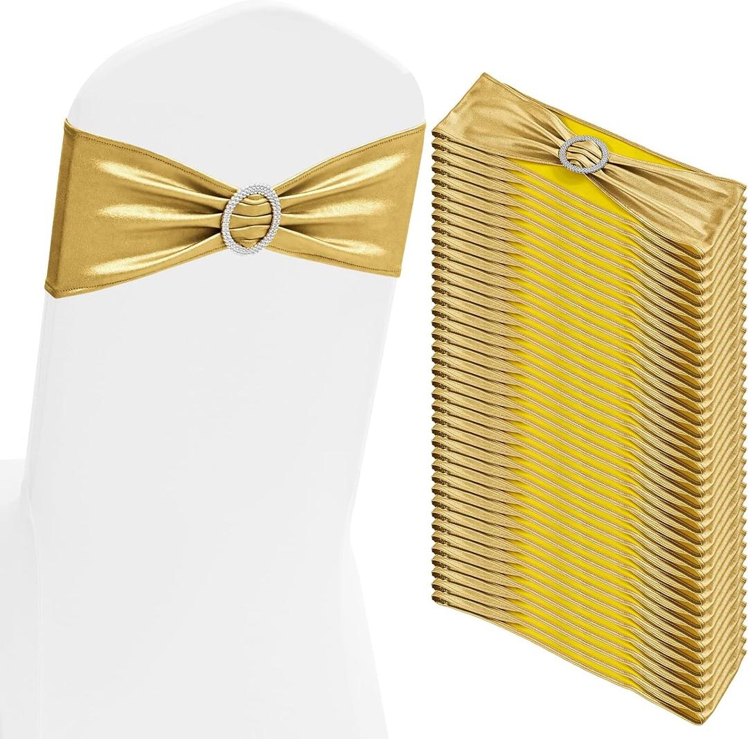 100 PCS Spandex Chair Sashes Bows Premium Stretch Chair Cover Band with Buckle Slider Universal Elastic Chair Ties for Wedding Party Ceremony Events Reception Banquet Decoration (Metallic Gold)